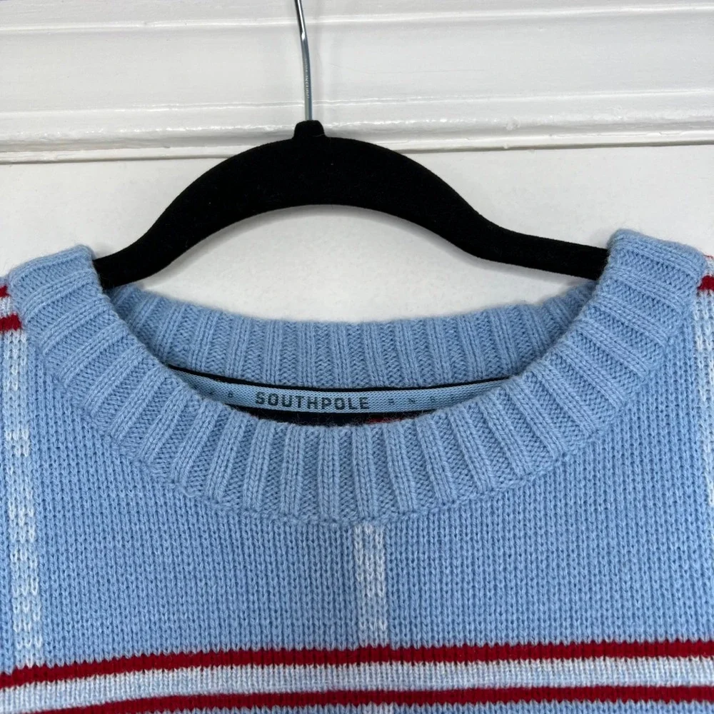Y2K Vintage SouthPole Sweater Baby Blue Red Stripe Embroidered Men's Size Large